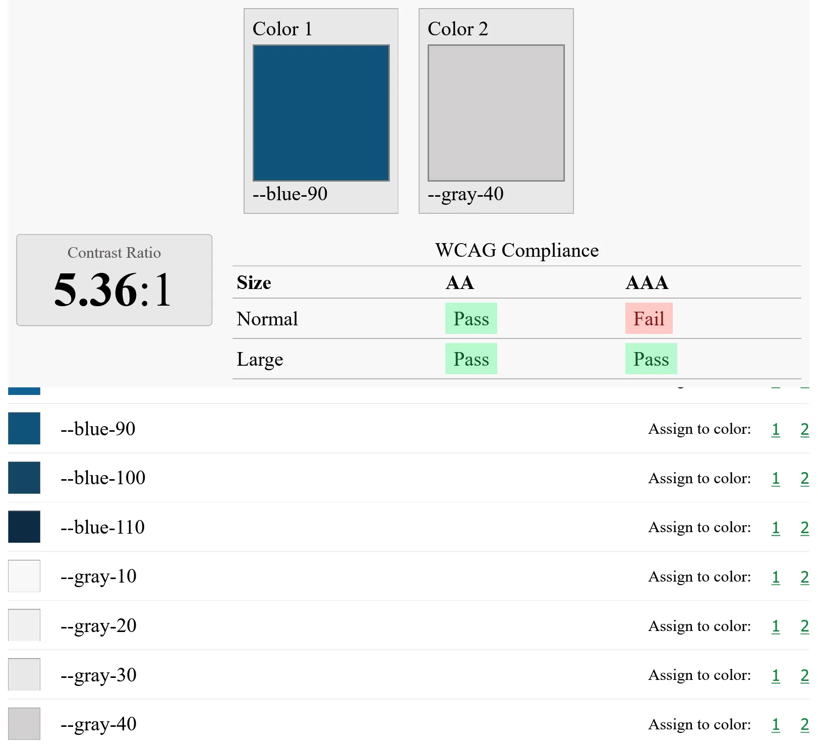 The web component allows the selection of the design system swatches and color contrast is computed on the fly, along with pass/fail criteria for WCAG AA and AAA.