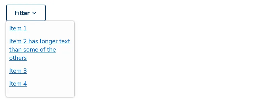 A button and an expanded menu of 4 links in Storybook