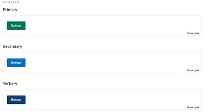 Primary, secondary, and tertiary solid color button variants depicted in Storybook